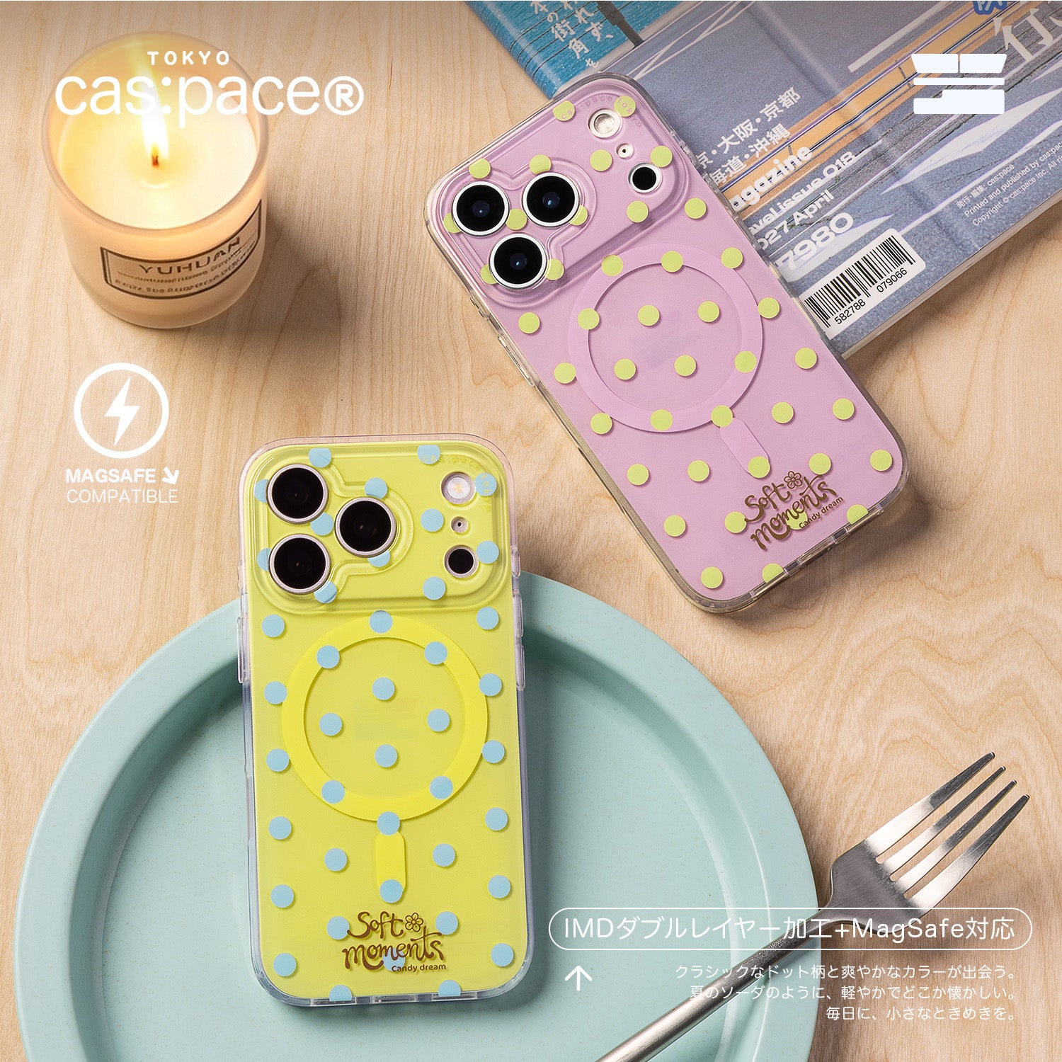 cas:pace 26S/S MagSafe対応「ポルカドット」携帯ケース（ピンク）